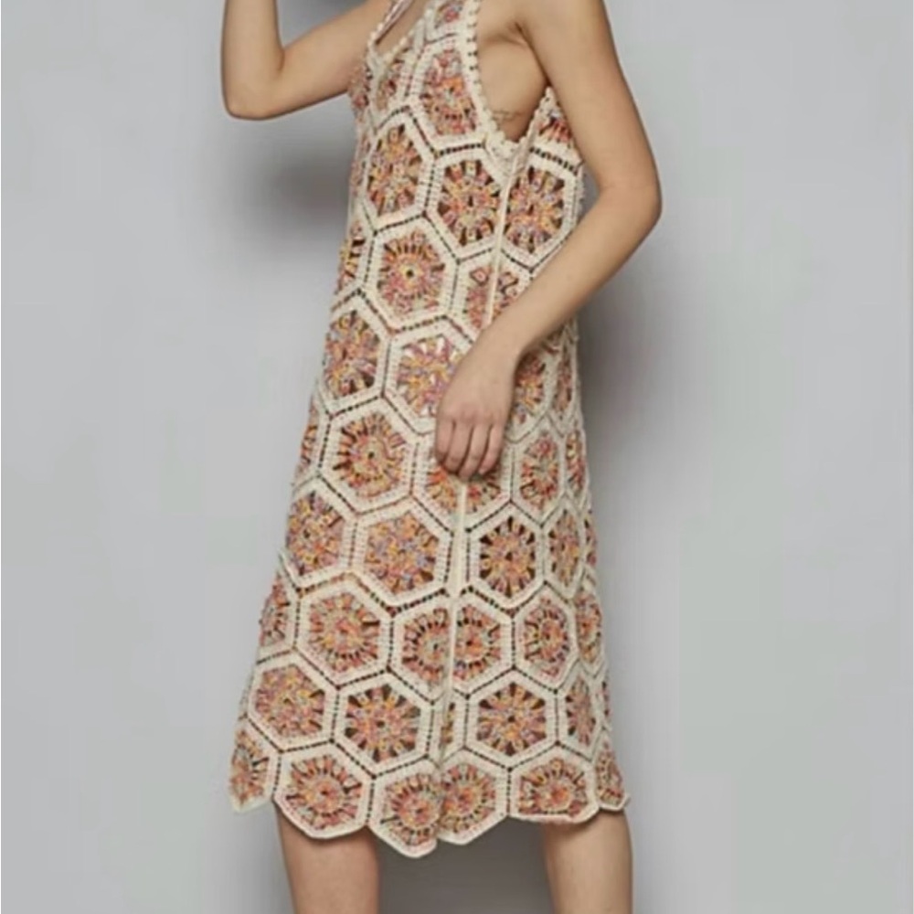 435 - POL Crochet Hexagon Midi Dress/Coverup in Cream and Pink - Picture 2 of 4